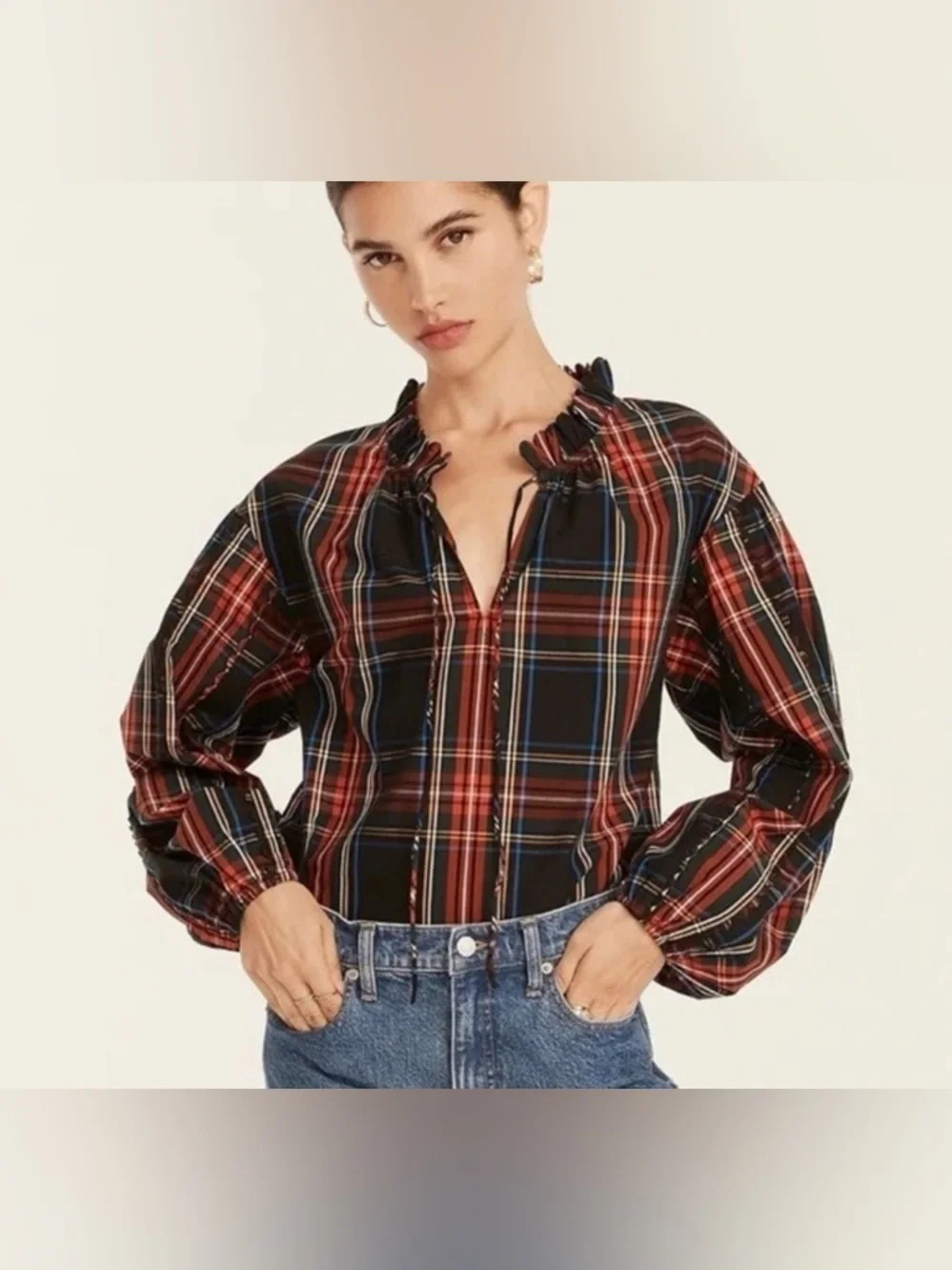 J. Crew Red and Black Plaid Ruffle-Neck Blouse